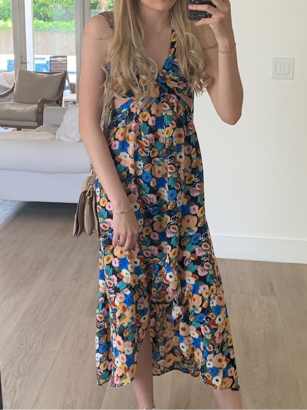 Aqua Floral Halter Maxi Dress in Blue and Yellow